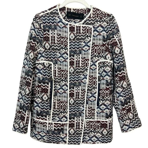 Zara Basic Patchwork Motorcycle Longline Blazer Jacket sz XS Tapestry Jacquard - Picture 2 of 8